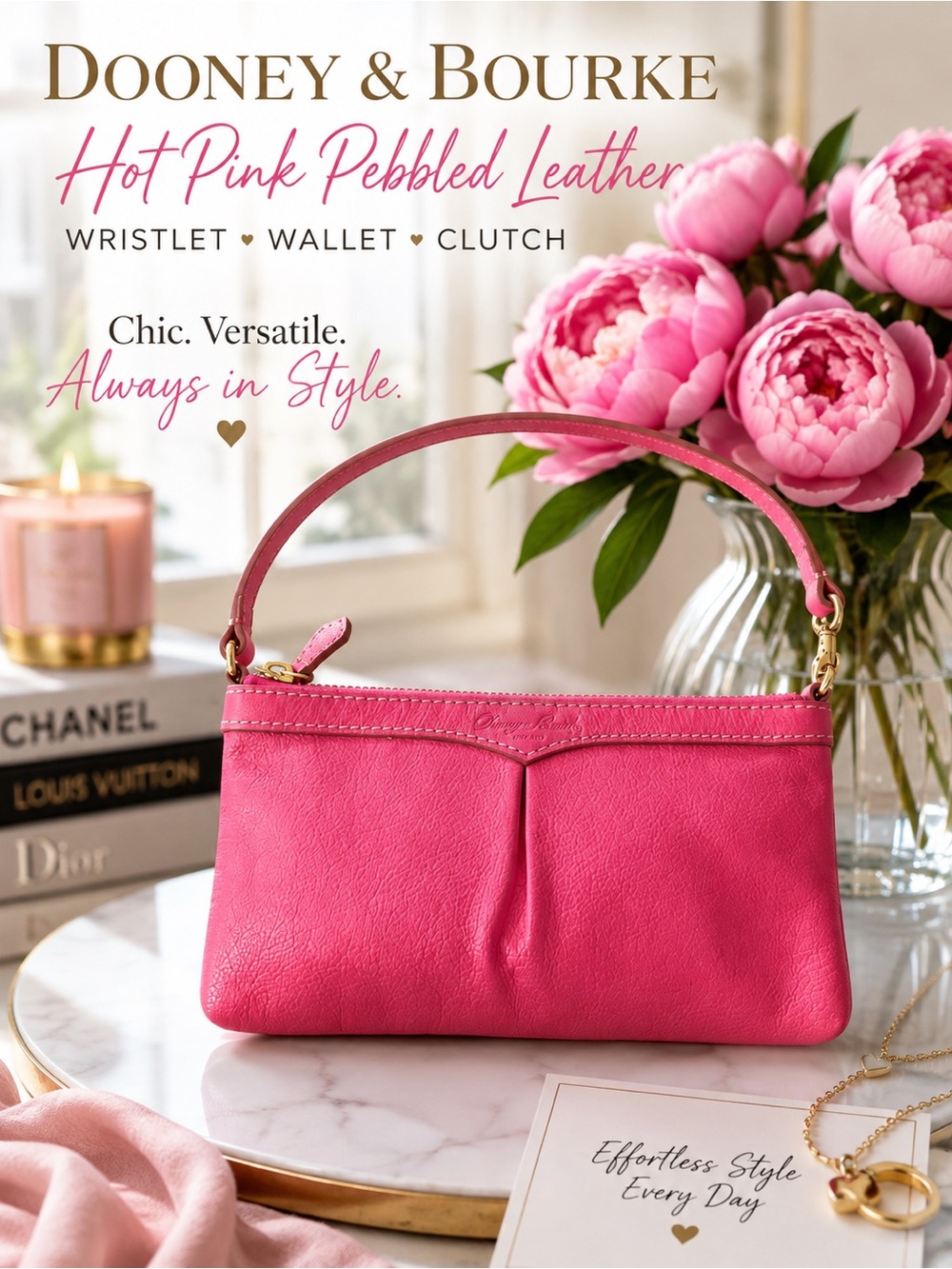 Dooney & Bourke Hot Pink Pebbled Leather Wristlet - Wallet & Clutch